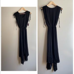 NWT XS VINCE CAMUTO shark bite hem shoulder tie floaty oasis rich black midimaxi
